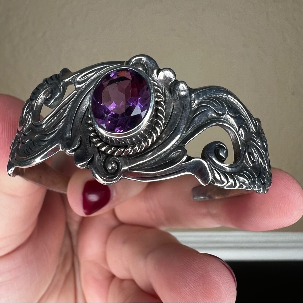 Vintage Sterling Silver and Amethyst Cuff, Ornate Bracelet, February Birthstone - Picture 4 of 10